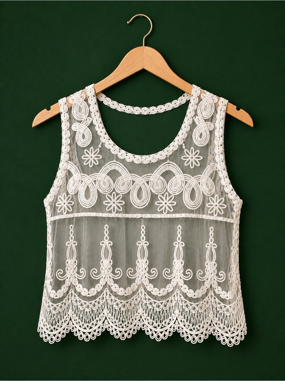 Handmade White Appliqué Trim Crop Top | Lightweight Cover Up | Size Medium
